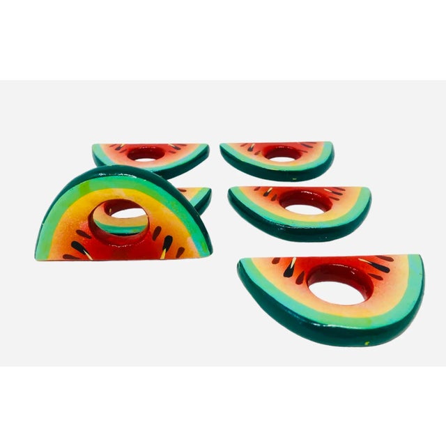 American Vintage Hand-Painted Wood Watermelon Napkin Rings a Set of 6 For Sale - Image 3 of 6