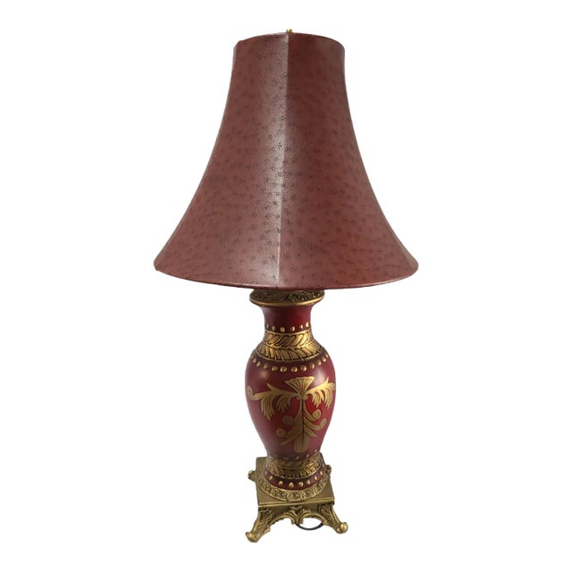 Vintage Neo-Classical Urn Elegant Maroon Red & Gold Painted Table Lamp Original Shade For Sale