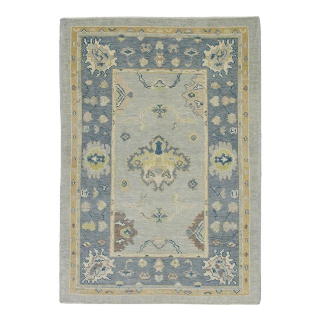 Turkish Oushak Rug – Blue Floral Handwoven Wool, 4' X 6'1", Early 21st Century Oriental Rug For Sale