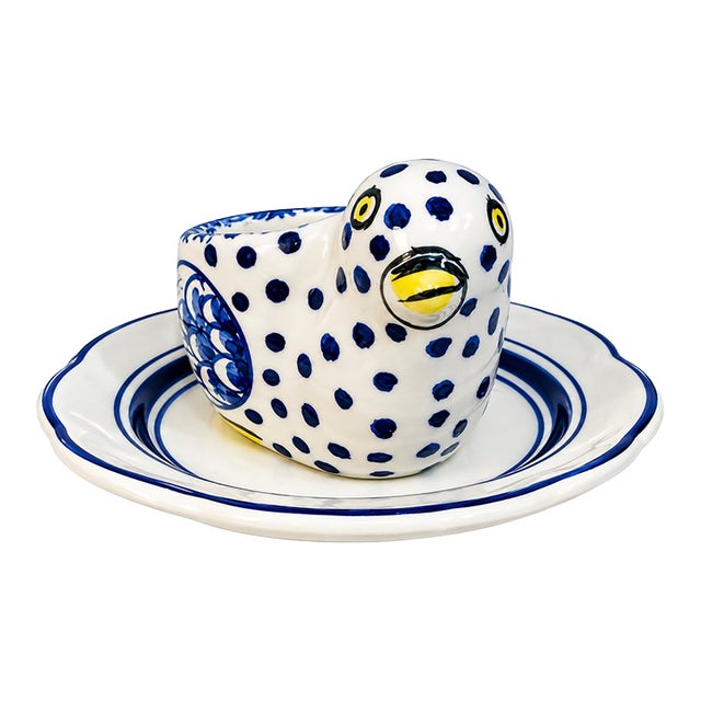 Late 20th Century Tiffany & Co. Portugal Hand-Painted Bird Egg Cup & Saucer For Sale