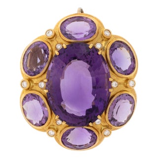 Modernist 18k Yellow Gold, Amethyst, and Diamond Brooch or Pendant For Sale
