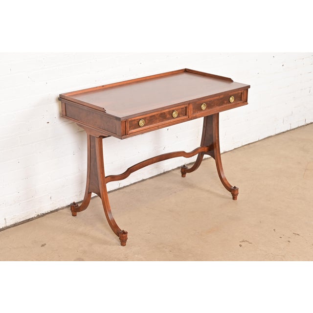 Baker Furniture English Regency Burled Walnut Writing Desk or Console Table, Newly Refinished For Sale - Image 12 of 12