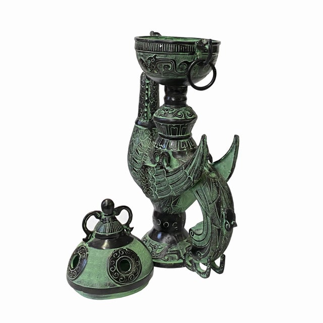 Chinese Green Black Ancient Phoenix Bird Incense Holder Display Vessel For Sale - Image 4 of 5