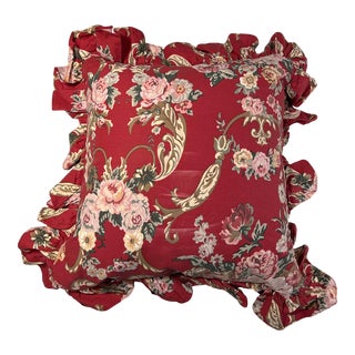 Vintage Ralph Lauren Brick Red Ruffled Chintz Floral Pattern Throw Pillow For Sale