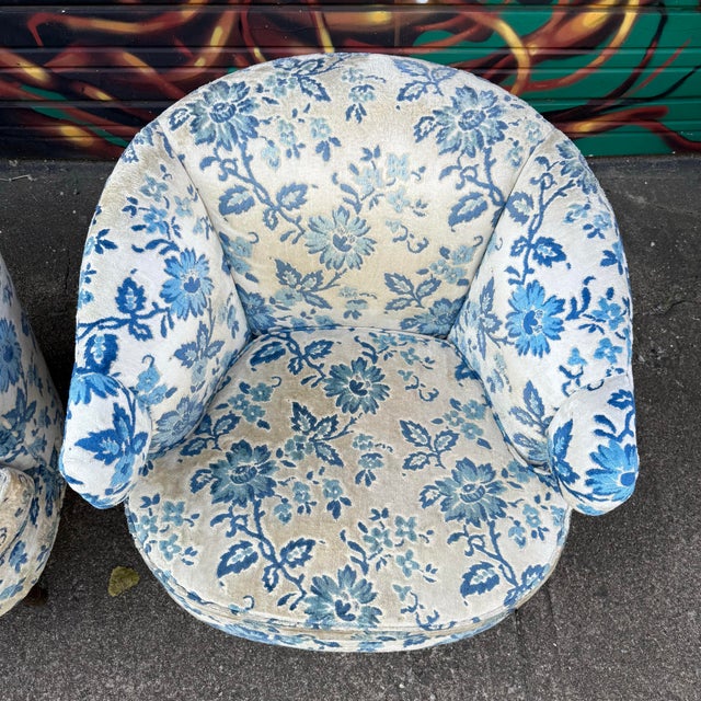 Mid 20th Century Vintage Barrel-Back Blue Floral Armchair For Sale - Image 5 of 12