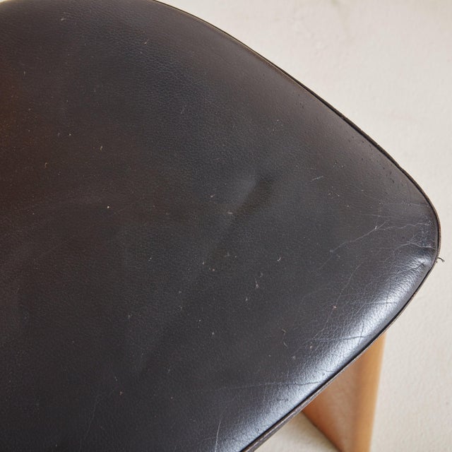 Wood Set of 4 Wood + Black Leather Dining Chairs Attributed to Pierre Cardin For Sale - Image 7 of 11