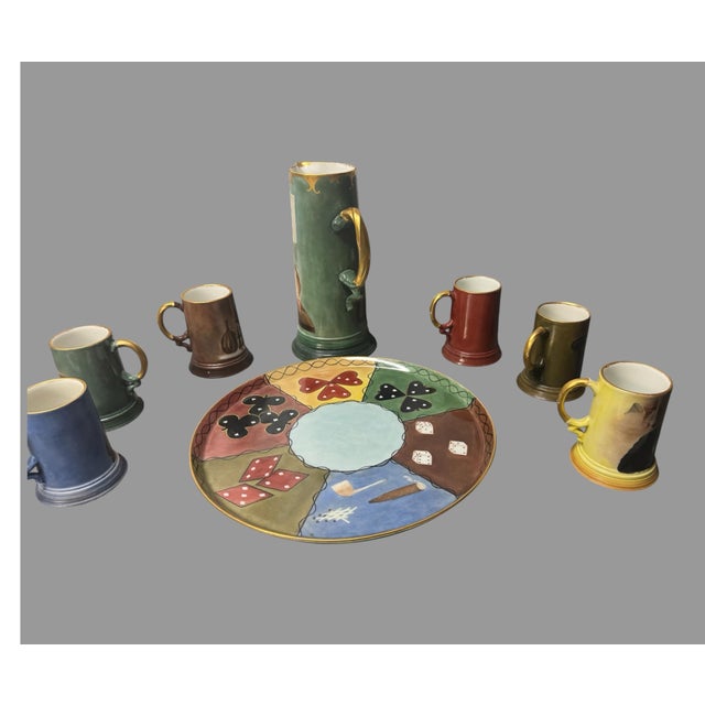 French Antique JPL Limoges France Hand Painted Tankard Mug Charger Set Signed Hah - 8 pcs For Sale - Image 3 of 10