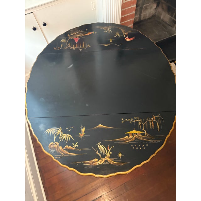 Vintage Imperial Furniture Grand Rapids Chinoiserie Bar Cart | C. 1940s | Black Lacquer, Raised Gold Chinoiserie, Drop Leaf For Sale - Image 9 of 12
