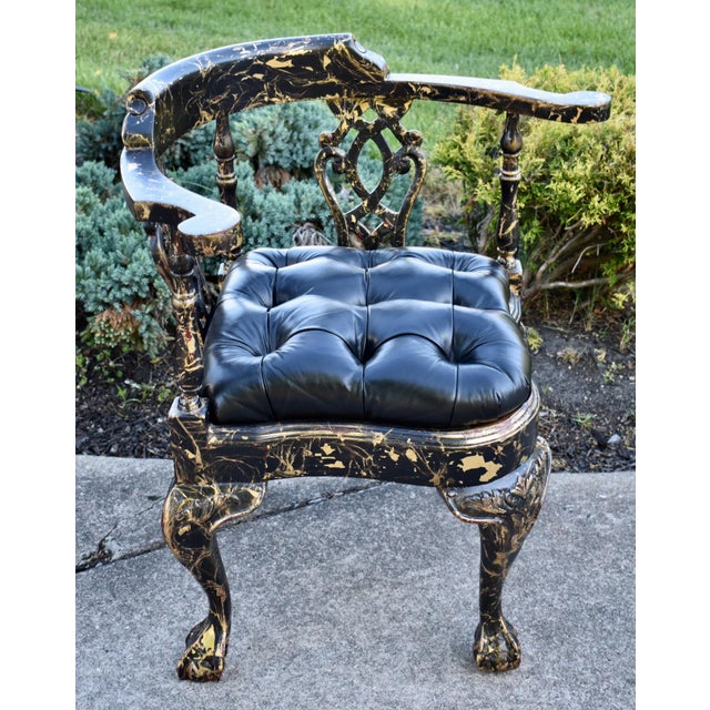 Vtg. Corner Chair Black Lacquer Gilt Chippendale Roundabout For Sale - Image 4 of 16