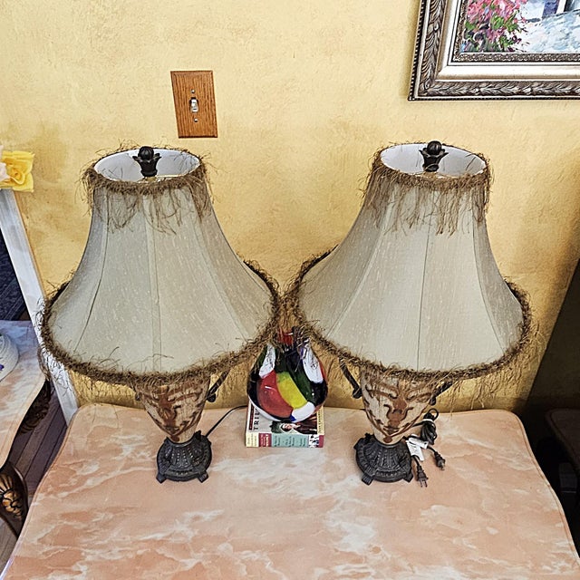 Pair of Vintage Neoclassical Urn Table Lamps With Decorative Fringe Shades For Sale - Image 17 of 18