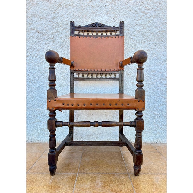 Spanish Renaissance Revival Leather Armchair, Early 20th Century For Sale - Image 4 of 10