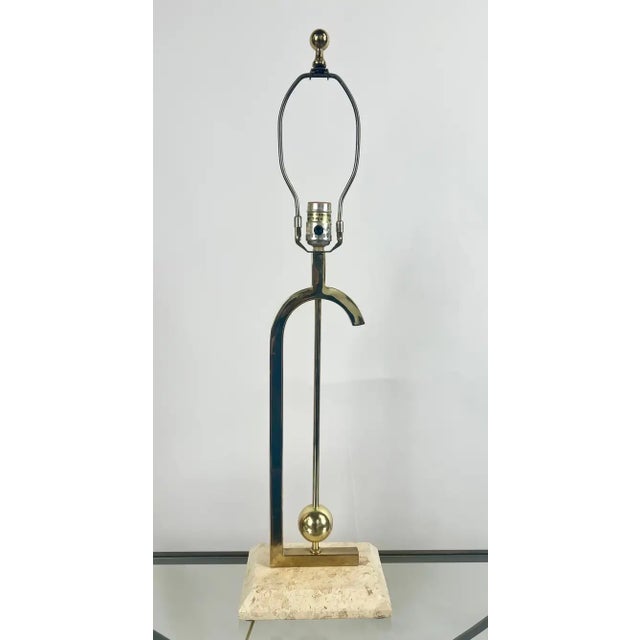 Mid-Century Modern Brass Table Lamp W Marble Base & Original Fabric Shade, Pair For Sale - Image 14 of 16