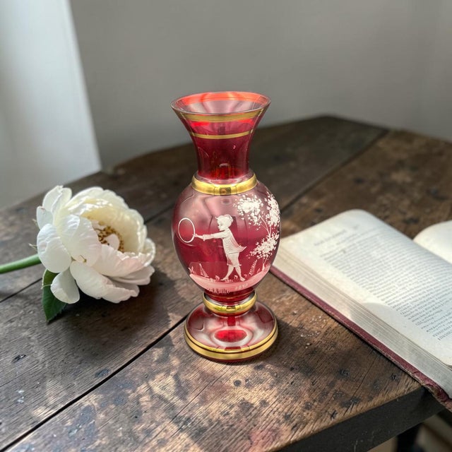 Glass Ruby Red Mary Gregory–Style Enamel Vase With Gold Trim For Sale - Image 7 of 7