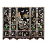 Vintage Chinese Five-Panel Black Lacquer Hardstone Inlaid Crane Room Divider Screen For Sale