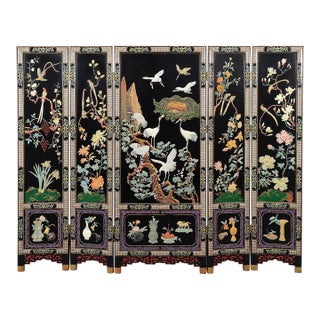 Vintage Chinese Five-Panel Black Lacquer Hardstone Inlaid Crane Room Divider Screen For Sale