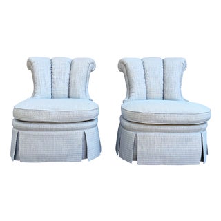 Vintage Century Furniture Channel Back Newly Upholstered Blue Scalamandre Fabric Slipper Chairs - A Pair For Sale