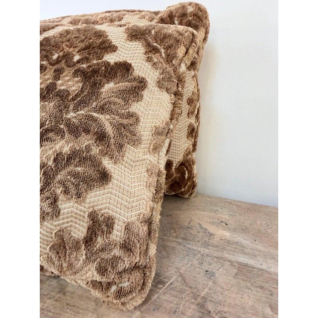 Pair of Cut Velvet Lumbar Pillows, Taupe-Brown Damask, Antique Style For Sale - Image 9 of 10