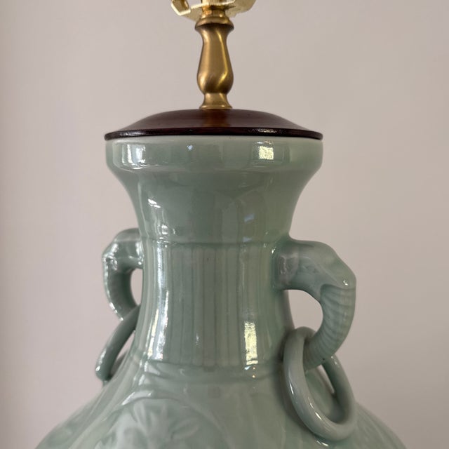 Chinoiserie Vintage Asian Celadon Porcelain Table Lamp For Sale - Image 3 of 11