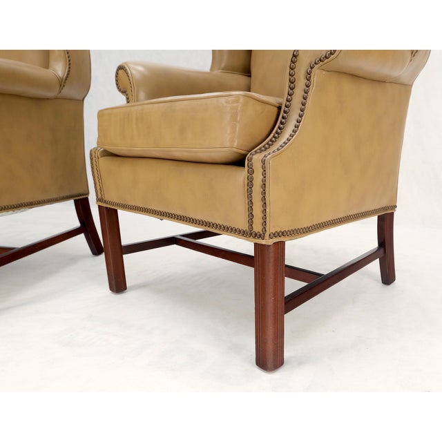 Pair of Tall Tan Leather Wing Chairs on Solid Mahogany Stretcher Base Mint! For Sale - Image 9 of 17