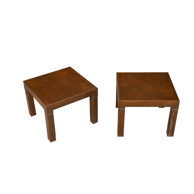 1970s 1970s Parsons Style Square Copper Cladded Low Side Accent Tables - A Pair For Sale - Image 5 of 11