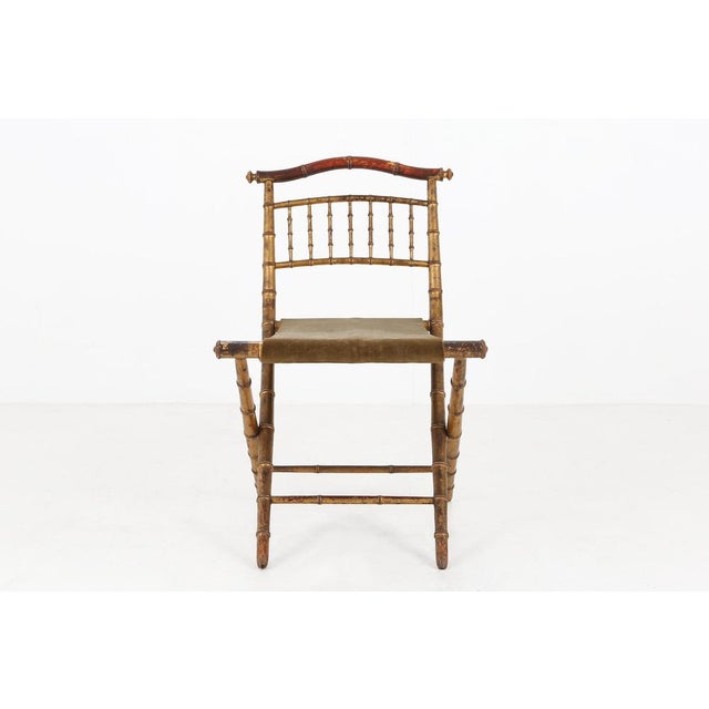 French Faux‑Bamboo Folding Chair in Gilded Wood and Green Fabric, 1850 For Sale - Image 4 of 11
