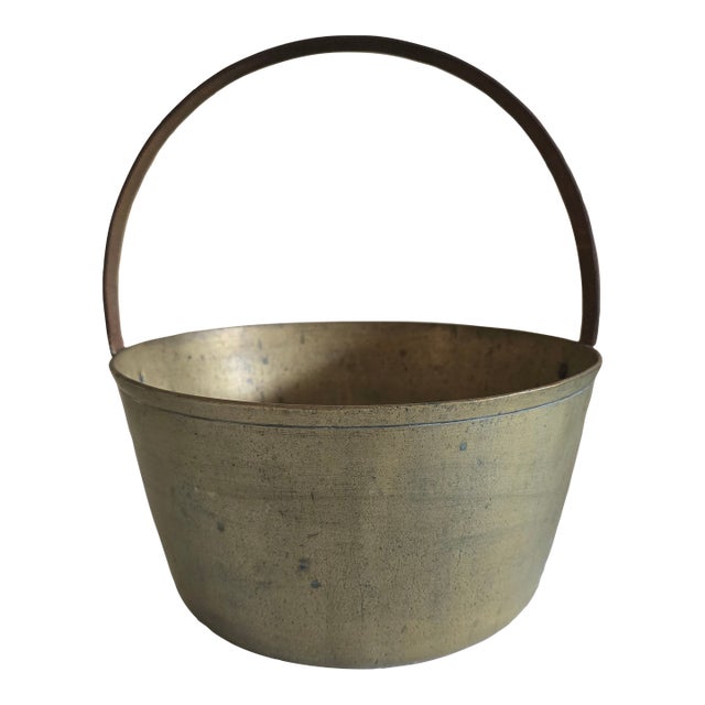 Antique Heavy Thick Brass Jam Pan Cooking Pot With Forged Iron Handle For Sale