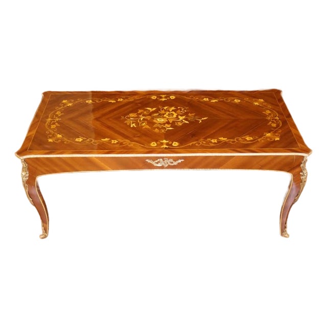 1990s Louis XV French Style Walnut Inlaid Ormolu Mounted Cocktail Coffee Table For Sale
