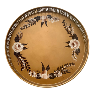 Vintage Toleware Gold Floral Greek Key Round Tray