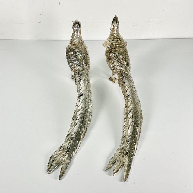 Early 20th C Vintage French Chippendale Hollywood Regency Game Bird Pheasant Silverplate Figurals - An Opposing Pair For Sale - Image 15 of 18