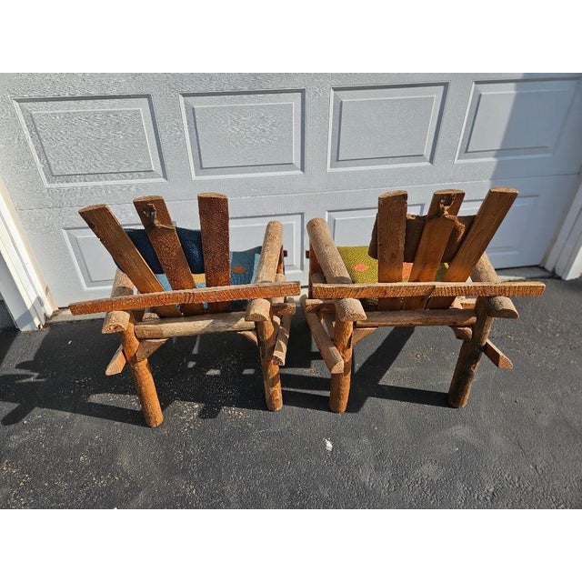 Late 20th Century Primitive Adirondack Captain's Chairs - Pair With Woven Geometric Cushions For Sale - Image 5 of 11
