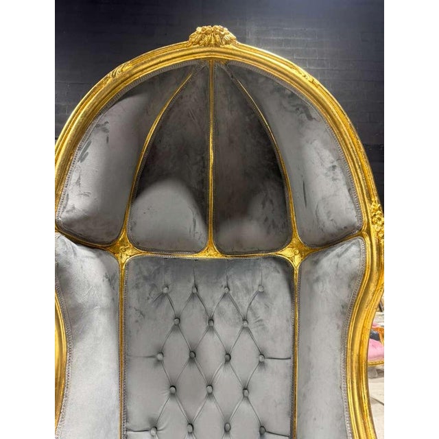 French Balloon Chair – Gray Velvet High-Back Canopy Chair For Sale - Image 9 of 10