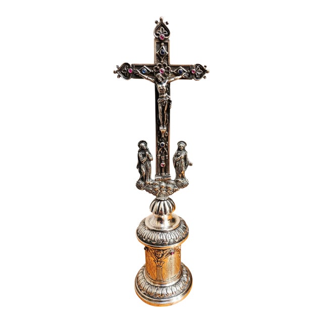 Antique English Sterling Church Crucifix With Sapphire and Amethyst For Sale