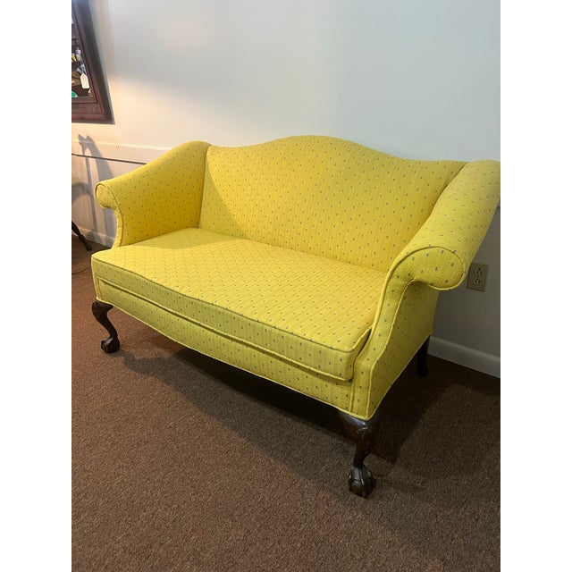 Early 20th Century Chippendale Style Camel Back Mahogany Footed Loveseat Sofa Newly Upholstered For Sale - Image 4 of 12