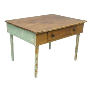 Late 19th Century American Primitive Blue Green Distress Painted Rustic Barn Wood Farm Work Table