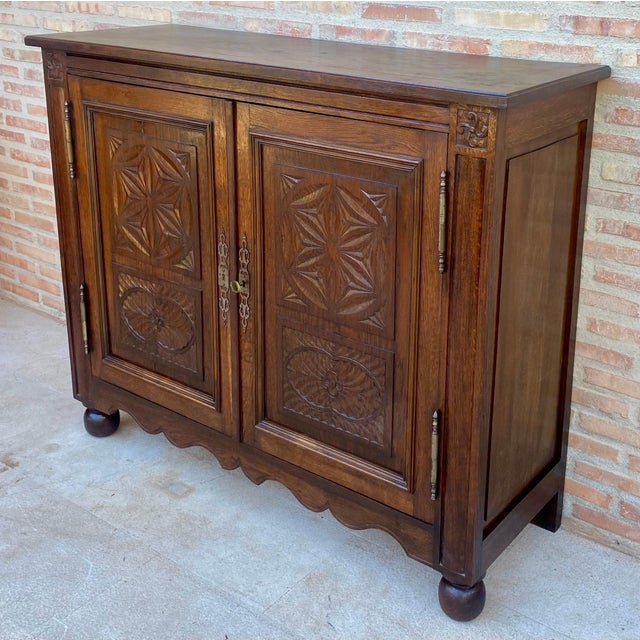 Brown Spanish Carved Oak Cabinet with Geometric Panels, Early 20th Century For Sale - Image 8 of 15