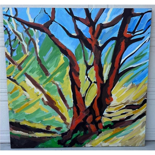 Large 48" × 48" Original Expressionist Tree Painting, 1998, Vibrant Colorful Landscape from La Jolla Estate This striking...