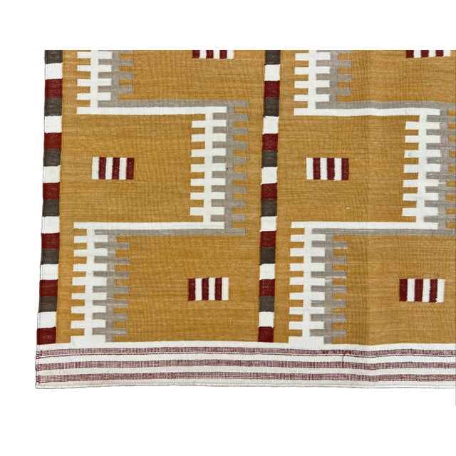 Handwoven Cotton Area Rug, Mustard, Beige, Cream & Red Marianne Geometric Dhurrie - 5'x8' For Sale - Image 10 of 10