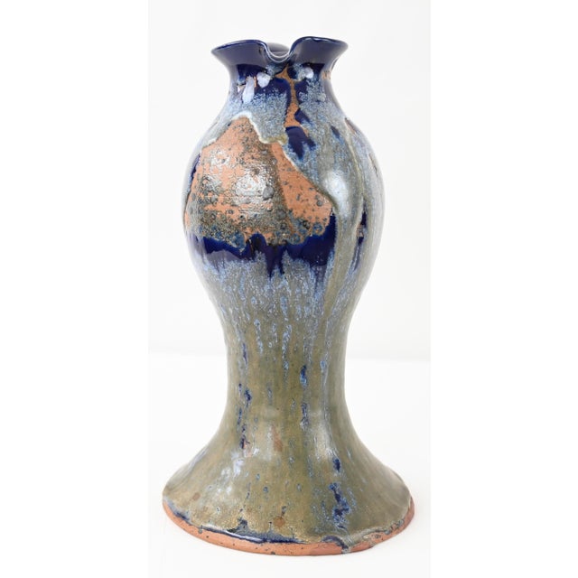 Gorgeously glazed in blue, gray, white and coral hues, this vase in pitcher form has a classic, French Art Nouveau...