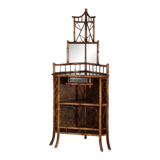 Antique Asian Bamboo Corner Etagere With Floral Leather Tooling & Mirror C1890 For Sale