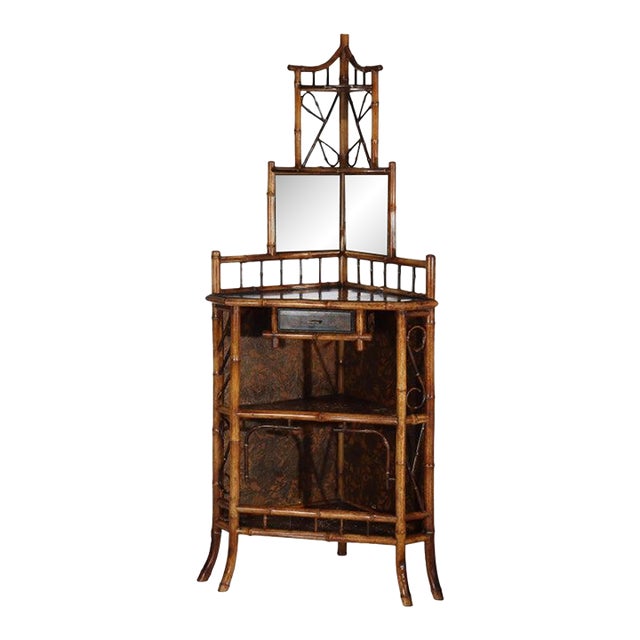 Antique Asian Bamboo Corner Etagere With Floral Leather Tooling & Mirror C1890 For Sale