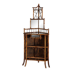 Antique Asian Bamboo Corner Etagere With Floral Leather Tooling & Mirror C1890