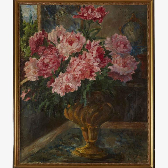 Still life of peonies, airoldi, 1924, oil on canvas, depicting a floral composition of pink peonies in a vase, signed and...