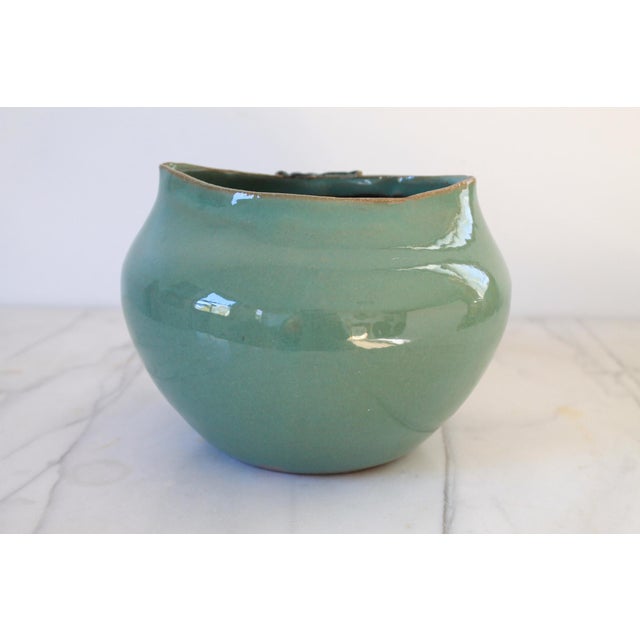 Handmade Turquoise Studio Pottery Vase With a Dark Geometric Pattern For Sale - Image 4 of 8