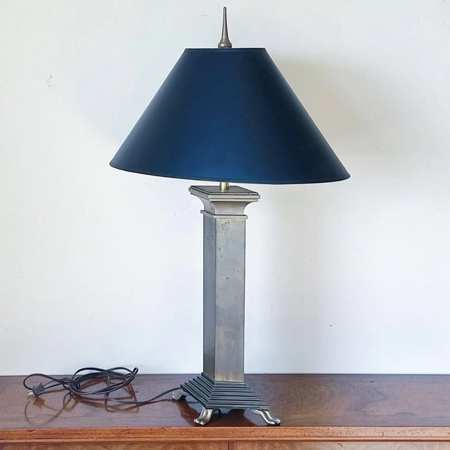 Vintage Neoclassical Rhombus Shaped Brass Footed Column Lamp with Black and Gold Shade, by Chapman Measures approx: 30H x...