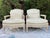 A stunning pair of vintage 1990s Sam Moore Bergère armchairs crafted with whitewashed solid maple wood frames and custom...