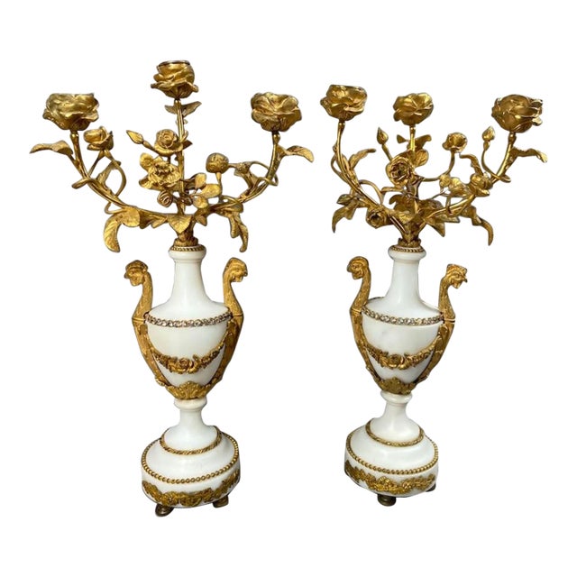 19th Century Pair of French Louis XVI White Marble and Bronze Candelabras For Sale