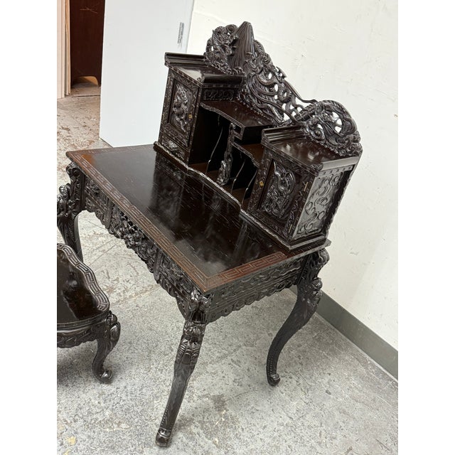 Vintage Japanese Hand Carved Dragon Carved Writing Desk + Chair, Set of Two For Sale - Image 12 of 12