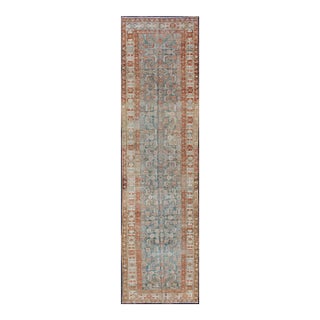 Antique Hand Knotted Persian Hamedan Runner With Sub-Geometric Design Earth Tones With Red For Sale