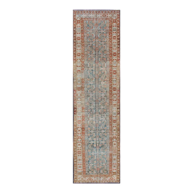 Antique Hand Knotted Persian Hamedan Runner With Sub-Geometric Design Earth Tones With Red For Sale