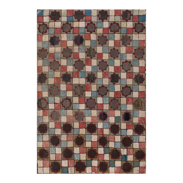 Extraordinary Multicolor Bakcground & Circles With Star Borders Geometric Pattern Antique American Hooked Rug For Sale